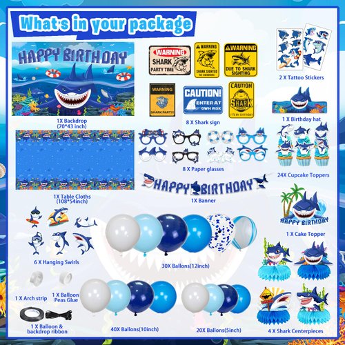LXlucktim Shark Party Decorations, 147 Pcs Shark Birthday Party Decorations Supplies for Girl - Backdrop, Toppers, Tablecloth, Centerpieces, Hanging Swirl, Shark Glasses, Shark Sign
