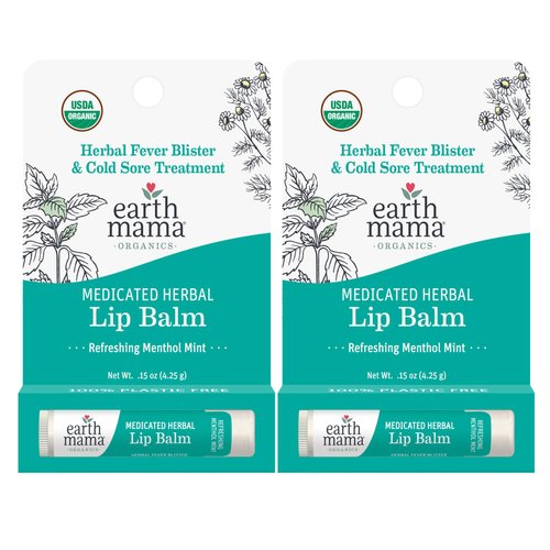 Earth Mama Medicated Herbal Lip Balm | Organic Lip Balm with Menthol for Fever Blister & Cold Sore | Refreshing Menthol Mint Lip Care, 0.15 oz (2-Pk)