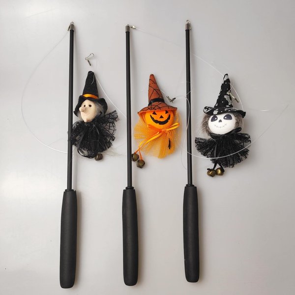 3-Pack Halloween Telescopic Cat Teaser Wands - Interactive Fishing Rod Toys with Witch and Pumpkin Designs, Extendable Cat Wand Set for Fun and Exercise