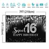 Mocsicka Sweet 16 Birthday Backdrop Glitter Silver Sweet Sixteen Background Girls 16th Birthday Party Cake Table Decoration Photo Booth Props (7x5ft)