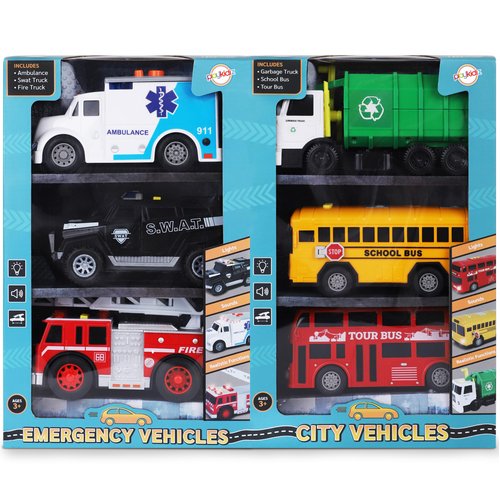 Playkidiz Toy Cars for Toddlers - 6Pcs Pull Back Cars Toys with Light and Sounds, City and emergency vehicles set, Including Police Car, Fire Truck, Ambulance, School bus, Tour Bus, Garbage Truck