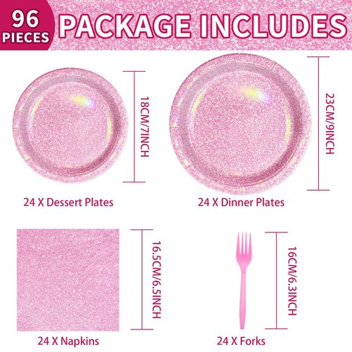 96Pcs Pink Pastel Party Supplies Holographic Rainbow Pink and White Plates and Napkins Sets Iridescent Birthday Decorations for Girls Women Pink Sprinkle Wedding Anniversary Party Favors Serves 24