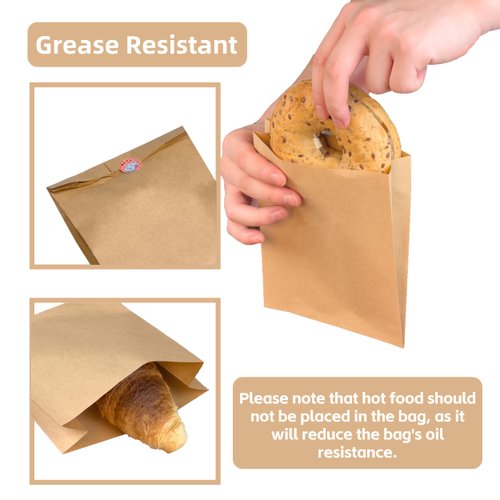 Vane Delx 100pcs Grease Resistant Brown Paper Sandwich Bags with Stickers, 5.5x7.5x2 inches, Serve As Small Bakery, Snacks, Treats and Lunch Take Out Bags.