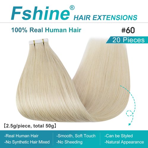 Fshine Tape in Hair Extensions Human Hair Color 60 Platinum Blonde Seamless Skin Weft Tape Ins Human Hair Extensions 20 Pcs Pu Tape in Hair Extension White Tape Adhesive in Extensions 50 Grams