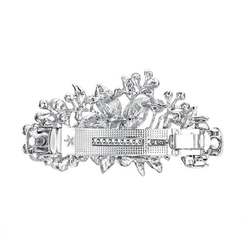 EVER FAITH Austrian Crystal Bridal Hibiscus Cream Simulated Pearl Hair Clip Barrette Blue Silver-Tone