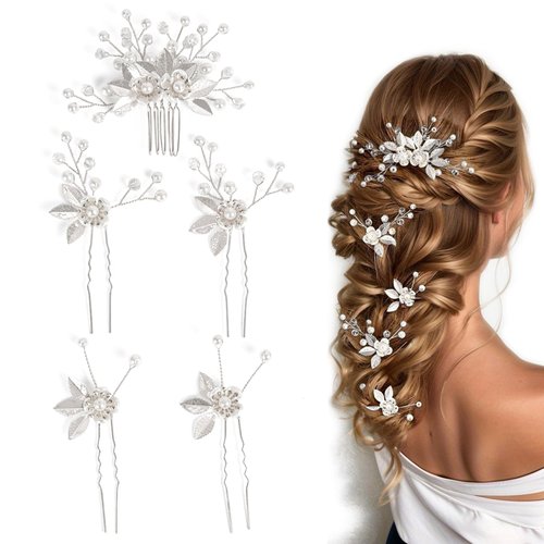 Sppry Wedding Hair Pins Set of 5 Pcs - Elegant Leaf Floral Pearl Rhinestones Hair Accessories for Bridal Women (Silver)