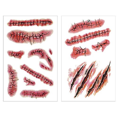 Halloween Temporary Tattoos 3D Body Face Realistic Fake Stitches Tattoo Sticker Waterproof for Chucky Costume Vampire Zombie Makeup Kids & Adults