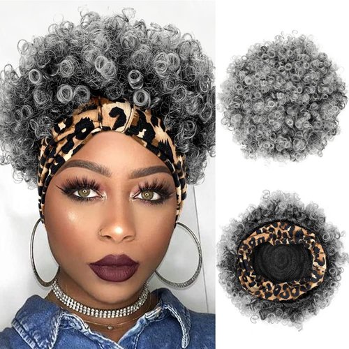 Allyreetress Short Curly Wigs with Headbands Attached for Black Women Synthitic Kinky Curly Afro Puff No Drawstring Ponytail Wig Headwrap Hairstyles With 2 Clips(T1B/Grey)