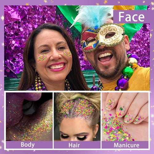 Wehhbtye 2 Set Mardi Gras Face Glitter, 3.5oz Gold Green Purple Body Glitter Gels with 2 Silicone Brush, Festive Chunky Sequins Gel for Women Body Hair Nail Carnival Makeup Party Costumes Decoration