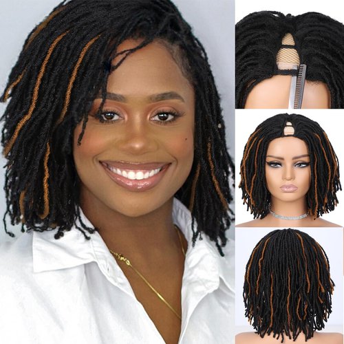 FANCEE Dreadlock Wig V Part Short Faux Locs Wig for Black Women Afro Braided Twist Curly Synthetic Hair Wigs for Women Daily Use (Black Mixed Brown
