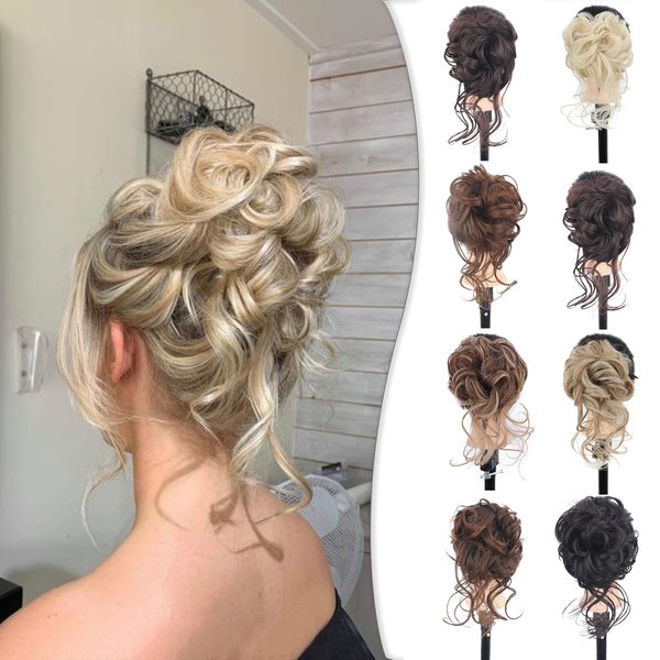 CINHOO Curly Messy Bun Hair Piece for Updos with Claw Clip Hair Extensionsm Brown Mix White Bun Clips for Hair,Long Beard Clip Claw in Bun Hair Pieces for Women Daily Use(27/613)