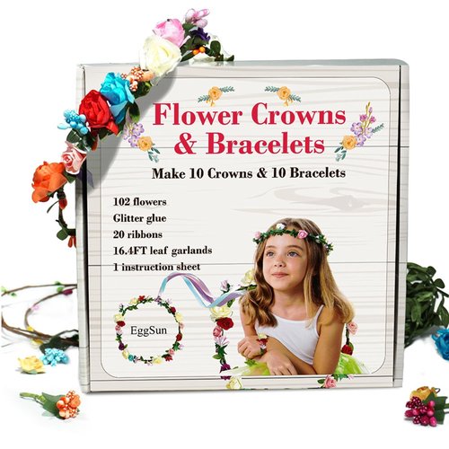 EggSun Flower Crown Making Kit for Girl Kids Women Crown Party Bracelet DIY Flower Crown Kit Christmas Birthday Gift Floral Hair Accessories Make Your Own Flower Crowns and Bracelets Arts Crafts Set