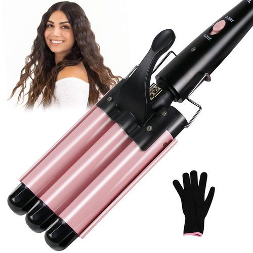 3 Barrel Curling Iron Wand, janelove 1 Inch Ceramic Tourmaline Triple Barrels, Hair Waver with Two Temperature Control, Fast Heating Portable Beach Waver Curling Iron-Pink