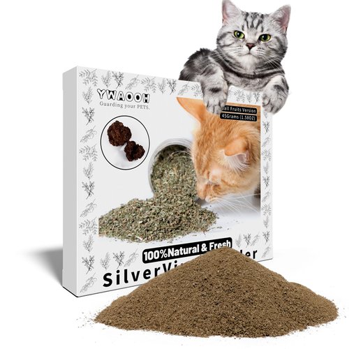 YWAOOH Cat Toys - Silvervine Powder 45g with 5 Resealable Pouches, Catnip Alternative, 100% Natural Silver Vine Gall Fruit Powder, Matatabi Cat Toy, Suitable for All Cat Ages