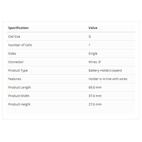 Jameco 1x D Battery Holder with 6" Wires