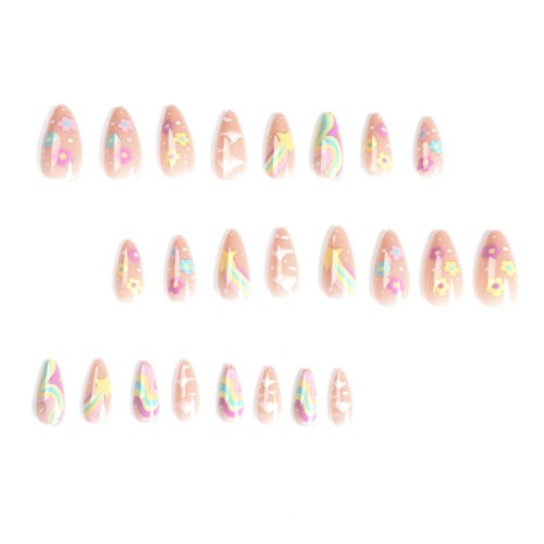 DANMANR Rainbow Press on Nails Nude False Nails Full Cover Acrylic Cloud Fake Medium Nails for Women and Girls 24PCS