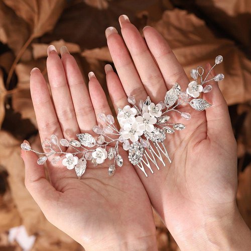 Gorais Flower Bride Wedding Hair Comb Silver Crystal Bridal Hair Piece Rhinestone Headpiece Leaf Hair Accessories for Women and Girls