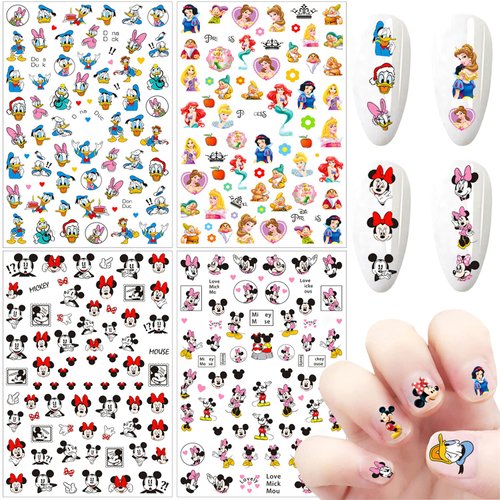 Cartoon Nail Art Stickers 3D Self-Adhesive Nail Decals Cute Cartoon Nail Stickers Nail Art Supplies Kawaii Designer Nail Stickers for Women Kids Girls Nails Art Decorations (4 Sheets)