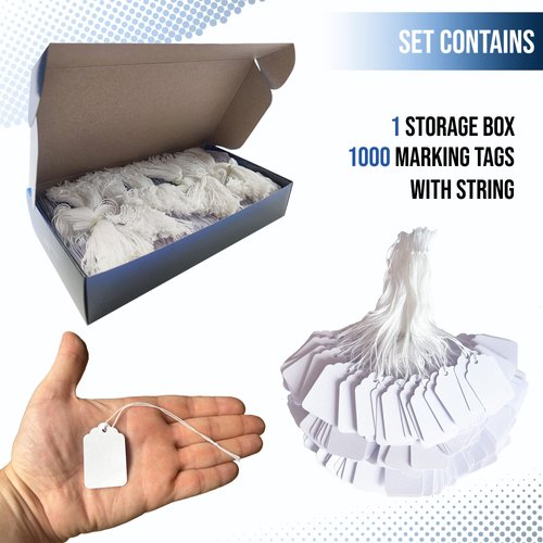 Easytwelve - 1000 Pcs White Price Tags with String Attached, Price Labels, Display Tags, Strung Tags, Hang Tags for Product, Jewelry, Clothing,Yard Sale, Garage Supplies, Pricing 1.75 x 1.093 inch