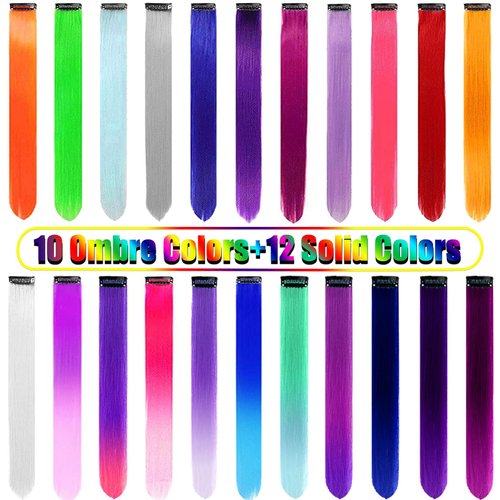 22 PCS Colored Hair Extensions Clip in, Olldag Multi-color Party Highlights Synthetic Neon Ombre Hair Extensions, Rainbow Hair Accessories for Girls Women Kids Hair Pieces (22-inch Colorful)