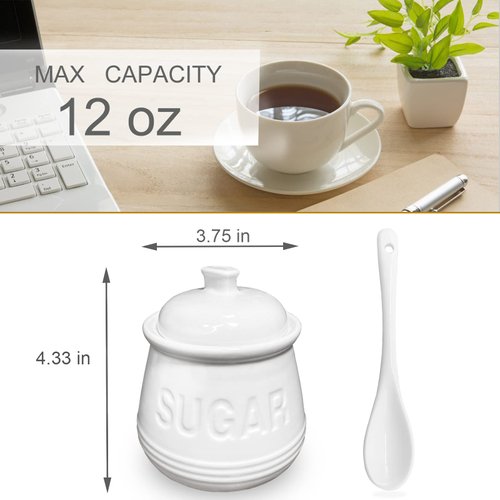 NAXIHOPT Sugar Bowl with Lid and Spoon, Ceramic Sugar Containers for Countertop, Sugar Cube Jar Coffee Bar Accessories, Covered Sugar Holder for Kitchen 12oz, White