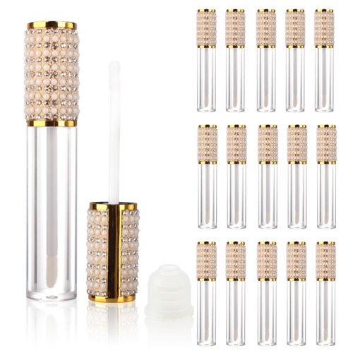 COSIDEA 15pcs Round Empty 5ml 0.17oz Gold lip gloss tubes with wand pearl Lipgloss tube containers for lip oil packing