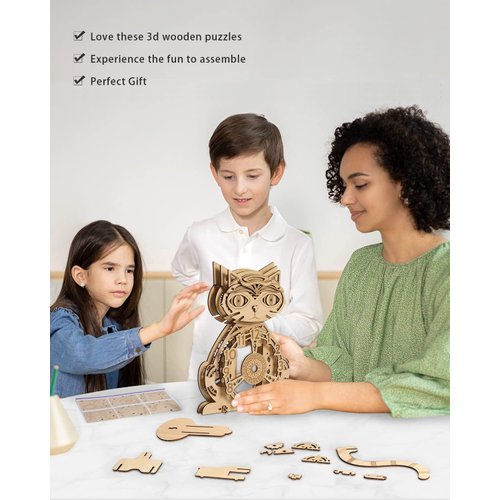 3D Puzzles for Adults Model kit Cat Clock Kids Wooden Desk Clock Decor for Birthday Gift/Christmas Day