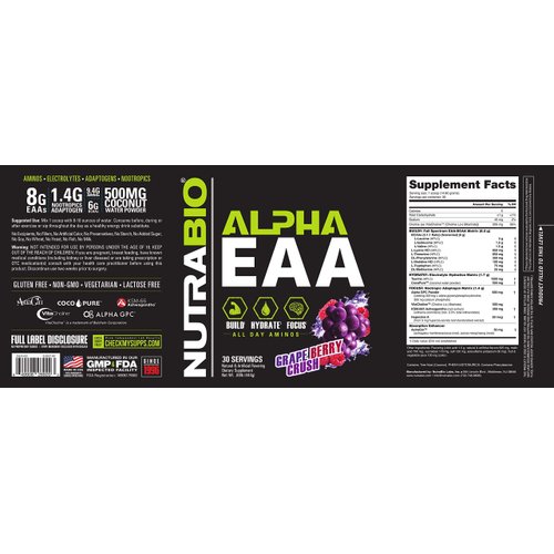 NutraBio Alpha EAA - All-Day Aminos - Recovery, Energy, Focus, and Hydration Supplement - Full Spectrum EAA BCAA Matrix, Electrolytes, Nootropics, Coconut Water - 30 Servings - Grape Berry Crush