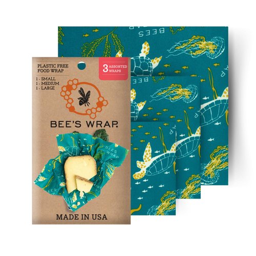 Bee's Wrap Reusable Beeswax Food Wraps Made in the USA, Eco Friendly Beeswax Wraps for Food, Sustainable Food Storage Containers, Organic Cotton Food Wraps, Assorted 3 Pack (S, M, L), Ocean