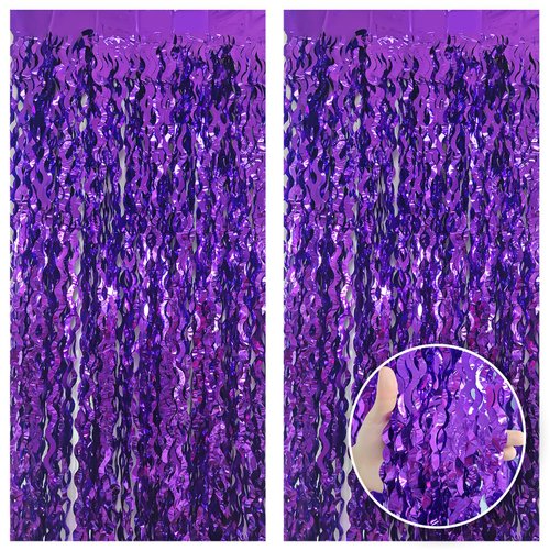 ADLKGG 6 Pack Purple Wavy Foil Fringe Curtain, Streamers Water Beach Backdrop for Ocean Backdrop | Under The Sea Party Decorations | Bachelorette Wedding Party Decorations, 3.3x6.6 Feet