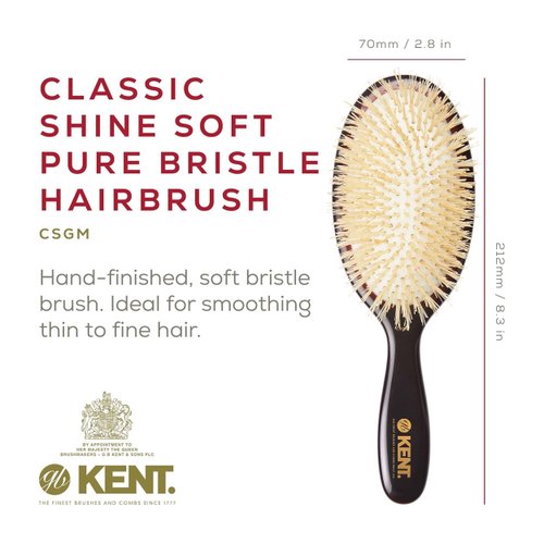 Kent CSGM 7.75" Classic Shine Medium Oval Cushion Straightening Brush and Hair Detangler - Soft White Boar Bristle Hair Brush - Shine Hair Brush and Scalp Scrubber for Mid-Length Fine or Thinning Hair