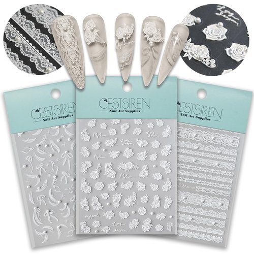 CESTSIREN 3 Sheets White Nail Art Stickers 5D Embossed Flower Lace Ribbon Nail Decals for Nail Art Design Pearl Nail Accessories for Women Nail Art Supplies