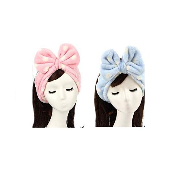 LASSUM 2 Pcs Soft Caroset Fleece Hairlace Headband, Bowknot Elastic Hair Band Hairlace for Washing Face Shower Spa Makeup,Pink+Blue