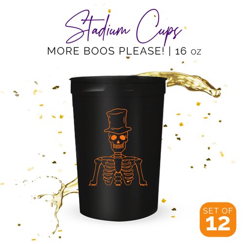 Halloween Party Cups - Set of 12 Orange or White 16oz Stadium Cups, Perfect for a Halloween Party, Halloween Favors, Trick or Treat Supplies (More Boos Black)