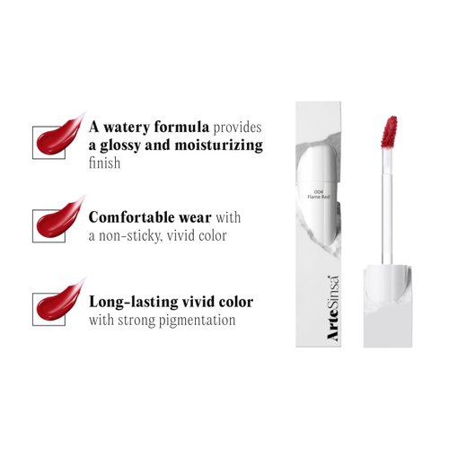 ArteSinsa Dewy Fit Tint 8 Colors | Non-sticky Glossy Buildable Tint with Vivid Color | Long-Lasting & Moisturizing with Plump Look | Korean Lip Tint (#004 Flame Red, 0.1 Fl Oz)