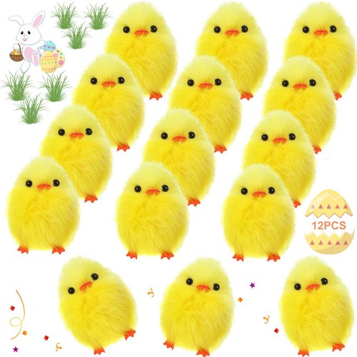12 Pieces Easter Fur Chicks Fluffy Chenille Chicks Soft Plush Toys Easter Chicks 2.5 Inches Kids DIY Easter Egg Bonnet Decorations Chick Plush Stuffed Animal for Easter Party Favors