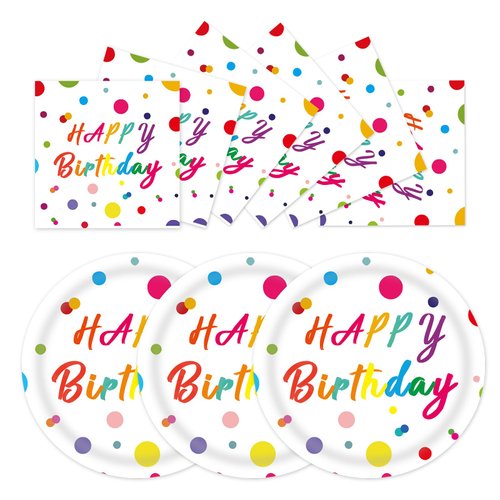 EVYIENEN 50 Pcs Happy Birthday Dots Plates and Napkins Party Supplies, Happy Birthday Plates and Napkins Party Decorations for Birthday Party Plates-Serves 25