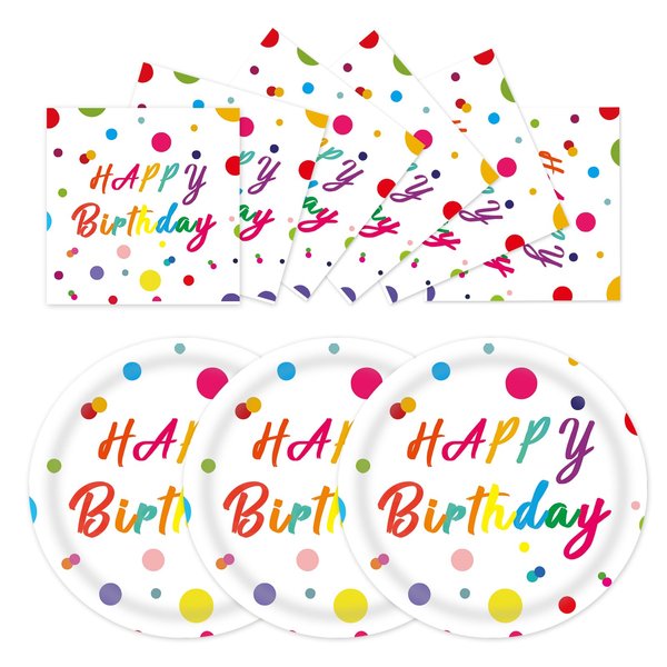 EVYIENEN 50 Pcs Happy Birthday Dots Plates and Napkins Party Supplies, Happy Birthday Plates and Napkins Party Decorations for Birthday Party Plates-Serves 25