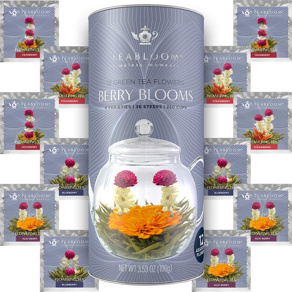 Teabloom Holiday Flowering Teas - 12 Assorted, Delicious Berry Blooming Teas - Premium Green Tea + Cranberry, Blueberry, Acai Berry & Strawberry