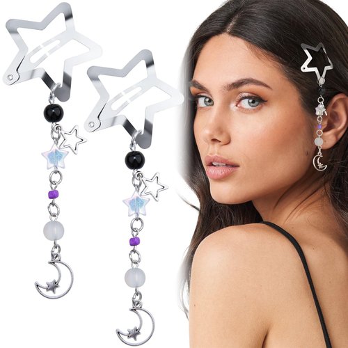 Pndeyo 2pcs Star Tassels Hair Clips for Women, Non-Slip 2000s Y2k Hair Snap Barrettes, Cute Moon Beaded Pendant Hair Pin Accessories for Braid Long Short Thin Thick Hair- Silver