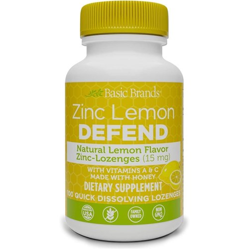 Basic Brands – Zinc Lemon Defend - 100 Lozenges - Natural Lemon Flavor Zinc–Lozenges - Immune Boost, Cold Relief, Non-GMO, Zinc Acetate & Vitamin C - 2-Pack