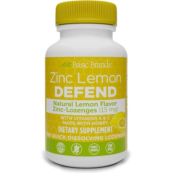 Basic Brands – Zinc Lemon Defend - 100 Lozenges - Natural Lemon Flavor Zinc–Lozenges - Immune Boost, Cold Relief, Non-GMO, Zinc Acetate & Vitamin C - 2-Pack