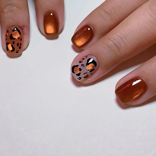 Artquee 24 Pcs Brown Cat Eye Press on Nails Short with Leopard Designs Square Fake Nail Artificial False Nails Art Tips Full Cover Reusable Stick on Nails Kit for Women