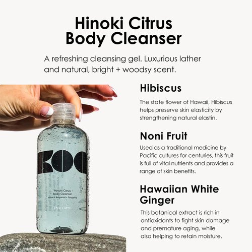 KOA Hinoki Citrus Shower Gel - Non-Drying Body Wash for Men and Women with White Ginger, Gardenia Extracts - Skin Strengthening, Anti-Aging - 8 oz