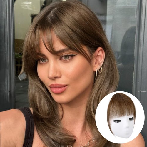 Bangs Hair Clip-100% Human Remy Hair,Light Brown Clip in Bangs,Wispy Clip on Air Bangs for Women Fringe Bangs with Temples Curved Bangs for Daily Wear