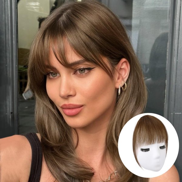 Bangs Hair Clip-100% Human Remy Hair,Light Brown Clip in Bangs,Wispy Clip on Air Bangs for Women Fringe Bangs with Temples Curved Bangs for Daily Wear