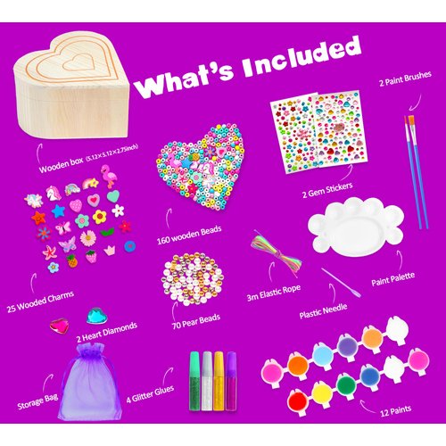 Paint Your Own Jewelry Box & Bracelet Making Kit - Arts and Crafts Painting Kits for Kids Girls Age 6-8, 250 PCS Wooden Beads Jewelry Making Kit Toys Gifts for Christmas Birthday 8-12 Years Old