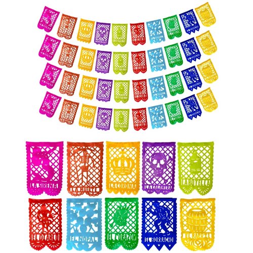 40 Ft Mexican Banner Papel Picado Paper Set, La Loteria Party Banners, Mexican Banner Decorations (10 FT x 4) Four Indoor Mexican Party Decorations para Cinco de Mayo Decoracion, Loteria Mexicana
