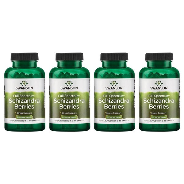 Swanson Full Spectrum Schizandra Berries - Herbal Supplement Promoting Stress Support & Liver Health - Helps Easy Body and Mind w/Natural Ingredients - (90 Capsules, 525mg Each) 4 Pack