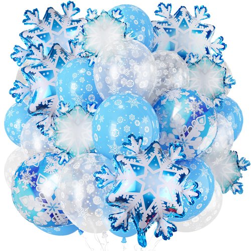50pcs Christmas Snowflake Foil Balloons, Blue Silver Snowflake Latex Balloons with Frozen Snowflake Mylar Balloons Kit in Different Shape for Xmas Winter Holidays Wonderland Theme Party Decorations